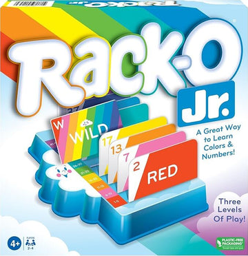 Rack-O Jr. game by Winning Moves displayed on its colorful box, featuring a range of cards in bright colors, including a rainbow-colored 'WILD' card, and numerical cards. The design highlights a playful learning approach, teaching kids colors and numbers. Ideal for children aged 4 and above, with 2-4 players.