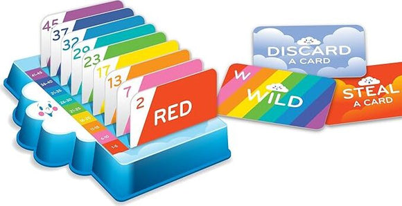 Colorful card game Rack-O Jr. by Winning Moves. The game features a tiered card holder displaying numbered cards in vibrant colors, along with special action cards like 'Discard a Card' and 'Wild.' Ideal for family fun and improving strategy skills.