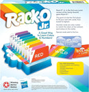 Rack-O Jr. game by Winning Moves. The game features colorful numbered cards arranged on decorative plastic card racks. The objective is to be the first to fill racks with cards in numerical order. Color-coded cards correspond to rainbow colors, enhancing learning and fun. Includes special action cards like 'Discard a Card' and 'Steal a Card.' Perfect for teaching children numbers, colors, sequencing, and turn-taking.