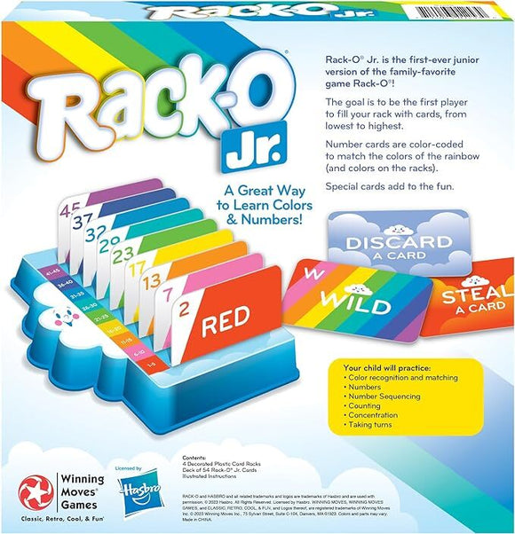 Rack-O Jr. game by Winning Moves. The game features colorful numbered cards arranged on decorative plastic card racks. The objective is to be the first to fill racks with cards in numerical order. Color-coded cards correspond to rainbow colors, enhancing learning and fun. Includes special action cards like 'Discard a Card' and 'Steal a Card.' Perfect for teaching children numbers, colors, sequencing, and turn-taking.