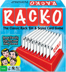 Rack-O game by Winning Moves featuring a vibrant blue and red box design. The game includes a rack that holds numbered cards, showcasing numbers from 1 to 43. The front of the box highlights the game's tagline 'The Classic Rack Em & Score Card Game' along with images of a cheerful family playing together, symbolizing fun and togetherness. It is designed for 2 to 10 players aged 8 and up, celebrating over fifty years of family enjoyment.