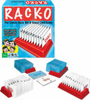 Rack-O game packaging and components including scoring racks, cards, and game pieces. Colorful design featuring the game name and classic imagery of family enjoyment. Suitable for ages 8 and up, for 2 to 10 players.