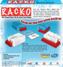 Rack-O card game from Winning Moves, featuring a colorful box with bold text. Includes a deck of 60 playing cards and four plastic card racks for gameplay. Instructions provided for a fun family experience, encouraging skill and luck.