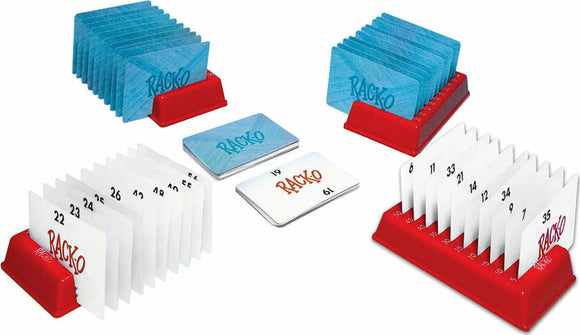 Rack-O game set by Winning Moves featuring colorful cards and racks in vibrant blue and red. Includes multiple numbered cards and game components designed for family fun.