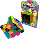 Twistables 4x4x4 mechanical puzzle by Winning Moves displayed with a colorful, interlocking design featuring bright squares in green, yellow, pink, and black. The product packaging showcases the puzzle's title and boasts phrases like 'Quick Turns Quick Solves!'
