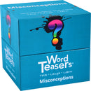 A vibrant blue box labeled "Word Teasers Misconceptions" featuring a colorful question mark design. It promotes conversation starters for family fun, encouraging players to talk, laugh, and learn together.