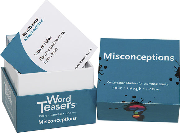 Word Teasers Misconceptions game includes a box containing cards with statements such as 'True or False: Fortune cookies come from Japan.' The design encourages family conversation and laughter.