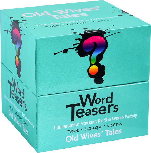 Word Teasers - Old Wives' Tale game box featuring a colorful question mark design. The box is teal with black and white text stating 'Conversation Starters for the Whole Family' and 'Talk • Laugh • Learn.' Ideal for engaging discussions.