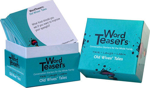 Word Teasers - Old Wives' Tale game set, featuring a colorful box with various conversation starter cards designed to spark discussion about folklore and home remedies. The box is turquoise with playful graphics and includes questions that engage players of all ages in laughter and learning.
