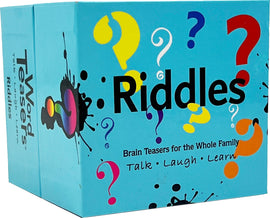 Word Teasers Riddles box featuring colorful question marks and a vibrant design. The box has black text that reads 'Riddles' and includes the tagline 'Brain Teasers for the Whole Family: Talk, Laugh, Learn'.