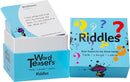 Word Teasers Riddles box set featuring colorful design with question marks. Includes riddle cards that encourage creativity and critical thinking for family fun. Suitable for all ages.