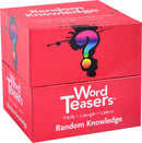 A vibrant red box titled 'Word Teasers Random Knowledge' from WORd Teasers. The box features a colorful question mark design and promotes conversation starters for family enjoyment. Its tagline suggests fun, laughter, and learning together.