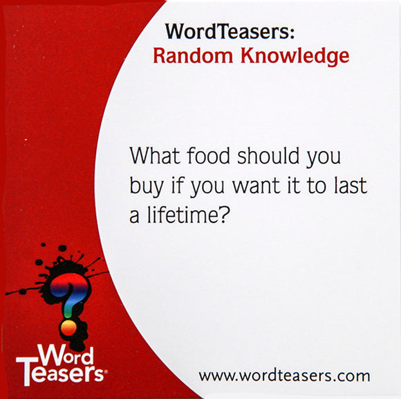 The product image features the cover of Word Teasers: Random Knowledge. It displays a bold red border with the text 'WordTeasers: Random Knowledge' at the top. Below is a thought-provoking question: 'What food should you buy if you want it to last a lifetime?' accompanied by playful graphics including a question mark.