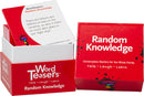 Word Teasers Random Knowledge game box featuring colorful design. The box is open to reveal a card that reads a fun fact about stars. Ideal for family gatherings and fun conversations.