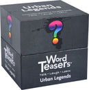 A boxed game titled 'Word Teasers Urban Legends' by WORd Teasers. The box features a colorful question mark design and states 'Talk, Laugh, Learn'. It is a fun conversation starter game suitable for all ages, enhancing social interactions with intriguing urban legends.