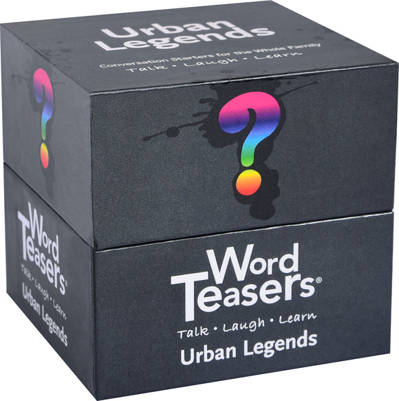 A boxed game titled 'Word Teasers Urban Legends' by WORd Teasers. The box features a colorful question mark design and states 'Talk, Laugh, Learn'. It is a fun conversation starter game suitable for all ages, enhancing social interactions with intriguing urban legends.
