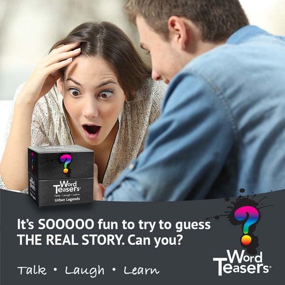 A woman with an excited expression looks at a game box labeled 'Word Teasers: Urban Legends' while a man engages with her, highlighting a fun atmosphere.