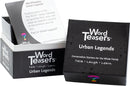 Word Teasers Urban Legends game set, featuring a black box with the title prominently displayed. The box includes conversation starter cards about urban legends, designed for fun family interaction. Ideal for gatherings and engaging discussions.