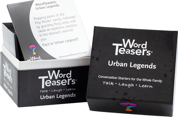Word Teasers Urban Legends game set, featuring a black box with the title prominently displayed. The box includes conversation starter cards about urban legends, designed for fun family interaction. Ideal for gatherings and engaging discussions.