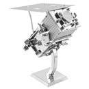 Metal Earth: Worldview Legion DIY kit featuring a detailed 3D metal model of a satellite. The model showcases intricate details including solar panels, antennas, and a sturdy base.