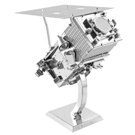 Metal Earth: Worldview Legion DIY kit featuring a detailed 3D metal model of a satellite. The model showcases intricate details including solar panels, antennas, and a sturdy base.