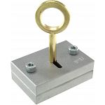 Aliminum Schlussel by Jean-Claude Constantin is a mechanical puzzle featuring a cylindrical key with a loop on top, mounted on a sturdy metal base. The base has two screws on either side, providing stability. This intriguing puzzle challenges users to discover how the key interacts with the base mechanism, offering a blend of engineering and entertainment.