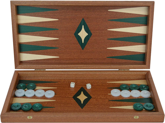 15-inch mahogany Backgammon game by Manopoulous, featuring a beautifully designed playing field with green and cream triangular patterns. The game includes two dice and light and dark playing pieces neatly arranged on a polished surface.