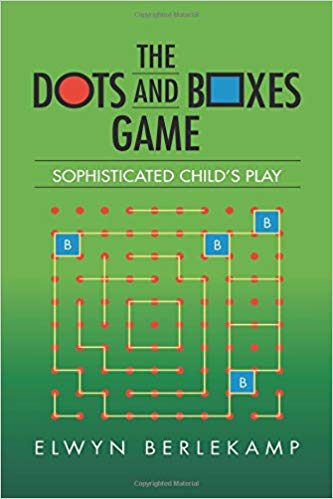 The cover of the book 'The Dots and Boxes Game' by Elwyn Berlekamp, featuring green background with red dots and lines forming boxes. The title includes colorful dots and a box in place of letters.