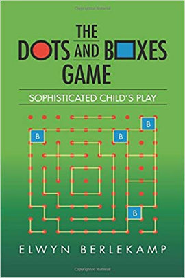 The cover of the book 'The Dots and Boxes Game' by Elwyn Berlekamp, featuring green background with red dots and lines forming boxes. The title includes colorful dots and a box in place of letters.