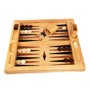 Deluxe backgammon game by John N. Hansen Co. Inc., featuring a beautifully crafted wooden board with contrasting light and dark pieces, two sets of dice, and a storage cup for dice. The board displays a classic design with vibrant colors and smooth finishes, perfect for family game nights or friendly competitions.