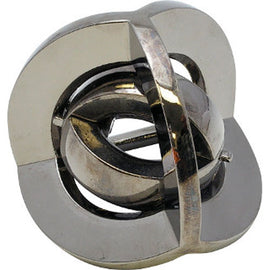 The Cast Equa by Hanayama is a sophisticated mechanical puzzle featuring an intricate design of interlocking metal shapes. Its shiny silver finish reflects light beautifully, showcasing the craftsmanship involved. The puzzle consists of multiple components that challenge the solver to unlock and separate them, providing both a visual and tactile experience. Ideal for puzzle enthusiasts looking for a stimulating challenge.