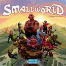 The board game Small World by Days of Wonder features colorful artwork showcasing diverse characters such as orcs, wizards, and warriors in a fantasy landscape. The game's logo is prominently displayed at the top.