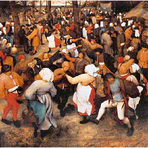 A vibrant jigsaw puzzle titled 'The Wedding Dance' by Battle Road Press, depicting a lively scene of people dancing in a festive outdoor setting, filled with colorful costumes and joyful interactions, capturing a moment of celebration and community.