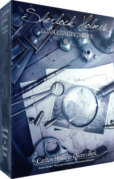 Sherlock Holmes Consulting Detective: Carlton House & Queen's Park game box featuring a magnifying glass, tools, and blueprints, set against a mysterious backdrop. The package highlights the intrigue of detective work with an elegant design.