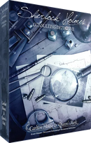 Sherlock Holmes Consulting Detective: Carlton House & Queen's Park game box featuring a magnifying glass, tools, and blueprints, set against a mysterious backdrop. The package highlights the intrigue of detective work with an elegant design.