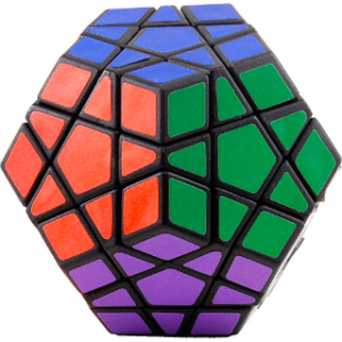 A Megaminx mechanical puzzle featuring a colorful hexagonal design. The puzzle has 12 sides, each adorned with vibrant stickers in orange, green, purple, and blue. Its intricate shape offers a unique challenge for puzzle enthusiasts.