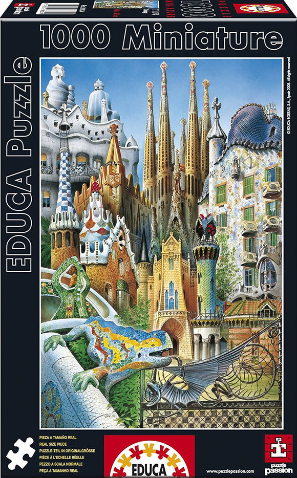 Educa jigsaw puzzle featuring a vibrant collage of iconic Gaudi architectural landmarks. The image includes colorful mosaics, whimsical structures, and intricate details, designed to inspire creativity and challenge puzzlers with 1000 pieces.