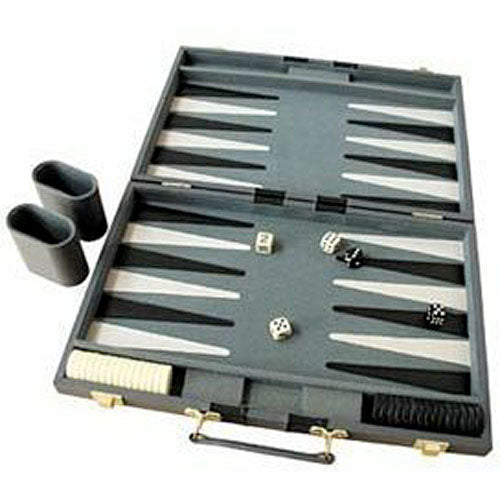 A 15-inch backgammon game set by John N. Hansen Co. Inc. The game board is opened and features a gray playing surface with alternating light and dark areas. Two sets of round checkers in black and white are placed on the board along with two pairs of dice. There are two dice cups on the side, and the overall design is sleek and portable, perfect for game nights.