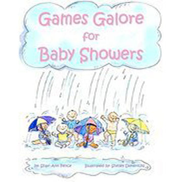 The cover of 'Games Galore for Baby Showers' by National Book Network showcases a colorful illustration featuring happy babies under umbrellas in the rain. The playful design and soft pastel colors create a cheerful atmosphere, perfect for baby shower activities.