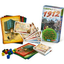 Ticket to Ride: Europa 1912 board game by Days of Wonder featuring game cards, colored train pieces, and a vibrant game box. It showcases various maps for strategic train routes across Europe in the early 1900s, ideal for family game nights.