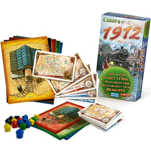 Ticket to Ride: Europa 1912 board game by Days of Wonder featuring game cards, colored train pieces, and a vibrant game box. It showcases various maps for strategic train routes across Europe in the early 1900s, ideal for family game nights.