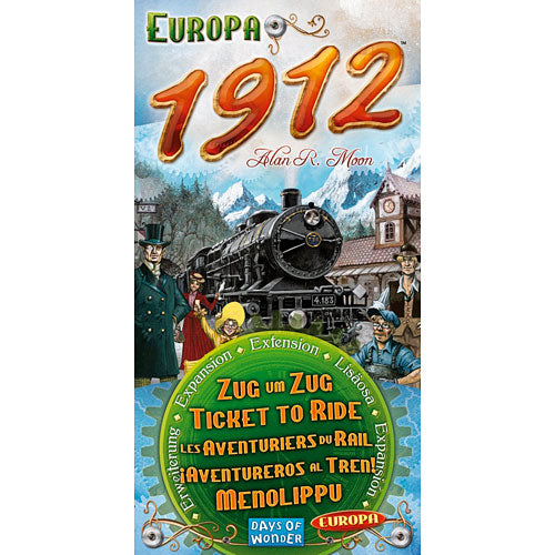 Ticket to Ride: Europa 1912 game box by Days of Wonder, featuring a vintage train illustration and characters dressed in Edwardian attire. The packaging showcases the title 'Europa 1912' prominently, set against a scenic European backdrop, with hints of expansion and adventure for board game enthusiasts.