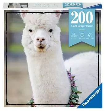 Ravensburger jigsaw puzzle titled 'Puzzle Moments: Alpaca', featuring a close-up of a fluffy white alpaca adorned with a floral collar. The box showcases a 200-piece puzzle designed for enjoyable assembly and relaxation.