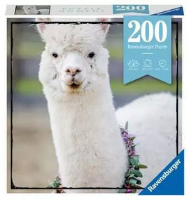 Ravensburger jigsaw puzzle titled 'Puzzle Moments: Alpaca', featuring a close-up of a fluffy white alpaca adorned with a floral collar. The box showcases a 200-piece puzzle designed for enjoyable assembly and relaxation.