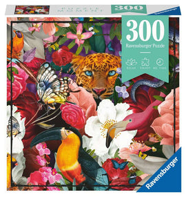 Puzzle Moments: Tropical Flower jigsaw puzzle by Ravensburger featuring vibrant tropical imagery with a variety of colorful flowers, butterflies, and a leopard face, challenging yet relaxing for all ages. Contains 300 pieces for hours of engaging fun.