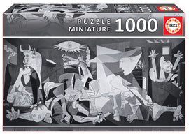 Educa jigsaw puzzle featuring Picasso's iconic artwork 'Guernica'. The puzzle box showcases a monochromatic illustration of the intense and expressive figures portrayed in the piece, inviting puzzle enthusiasts to experience the emotional depth of this historic painting. Contains 1000 pieces for a challenging yet rewarding assembly experience.
