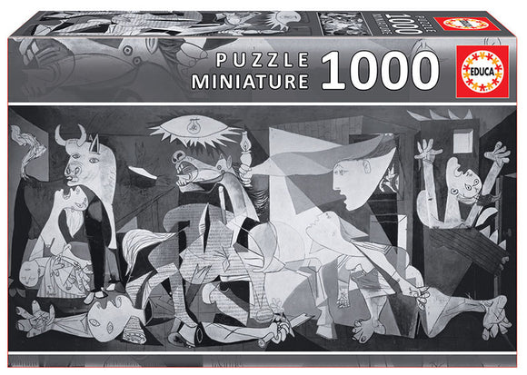 Educa jigsaw puzzle featuring Picasso's iconic artwork 'Guernica'. The puzzle box showcases a monochromatic illustration of the intense and expressive figures portrayed in the piece, inviting puzzle enthusiasts to experience the emotional depth of this historic painting. Contains 1000 pieces for a challenging yet rewarding assembly experience.