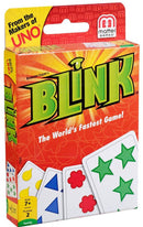 Blink by Mattel is an exciting fast-paced card game designed for 2 players aged 7 and up. The vibrant packaging features colorful cards with various shapes and symbols. The title, 'Blink,' stands out prominently, emphasizing its nature as the world's fastest game. Play involves quick reflexes and observation, making it ideal for family game nights.