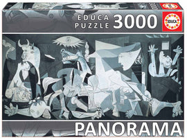 Educa 3000-piece jigsaw puzzle featuring Pablo Picasso's iconic artwork 'Guernica'. The puzzle showcases a striking monochromatic design with abstract figures and dramatic scenes, perfect for art lovers and puzzle enthusiasts.
