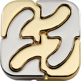 A detailed view of the Hanayama Cast Square mechanical puzzle, featuring an intricate design with polished silver and gold finishes. This unique puzzle challenges users to navigate its interlocking parts, providing an engaging brain-teaser for puzzle enthusiasts.